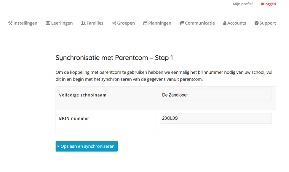Synchronisatie met ParentCom, stap 1: schoolnaam en brinnummer invullen